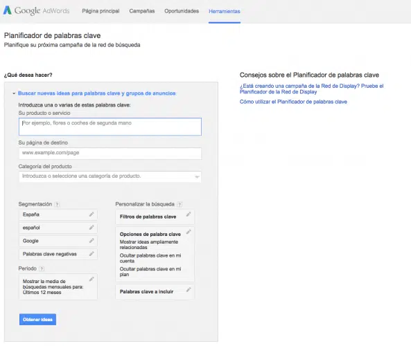 Herramienta de Palabras Clave de Adwords